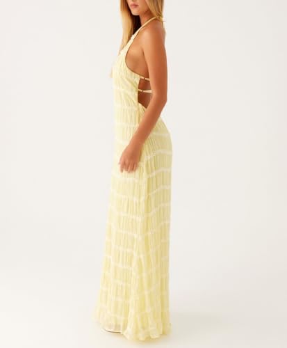Women Halter Neck Pleated Maxi Dress Sleeveless Backless Smocked Long Dress Open Back Flowy Sundress Vacation Dresses3
