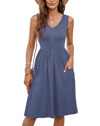 Image of MOLERANI Women Summer Dresses Sleeveless Casual Loose Swing Button Down Midi Dress with Pockets