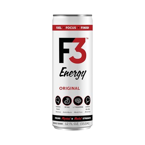 F3 Energy Original Energy Drink - Muscle Building Sports Drinks w/BCAA, Panax Ginseng & Ginkgo Biloba - Natural Energy Drinks for Mental Focus & Muscle Recovery, 125 mg Caffeine (12 pack)
