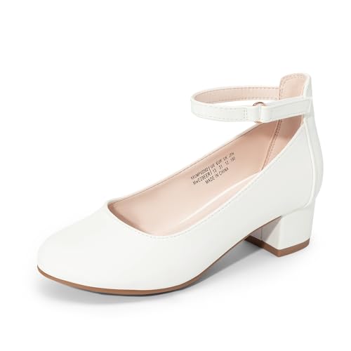 DREAM PAIRS Zapatos de Vestir para Niñas, Tacones Altos Gruesos con Tiras en El Tobillo para Fiestas, Bodas, Princesas, para Niñas Grandes,Size 35,Blanco,KKUMPU2502