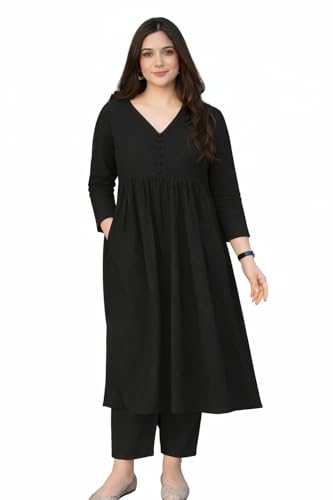 Image of Anarkali Kurta Pant Set for Women Long Flared V-Neck Kurta | Office & Casual Wear | 3 /4 Sleeve | Button Front | Karwa Chauth & Diwali Special Office wear