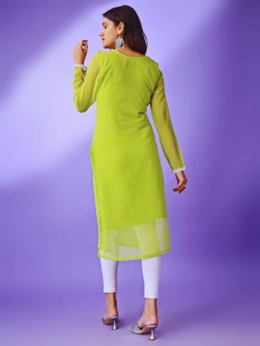 Image of HESVI Women's Georgette White Lakhnavi Chikankari Kurti with Intricate Embroidery Work