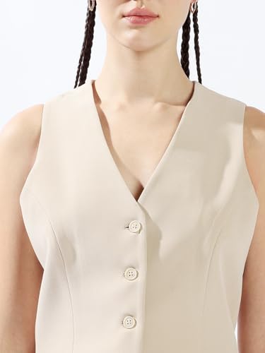 Image of High Star Women Solid Regular length Tailored Fit V neck Sleeveless Waistcoat and Wide leg Trouser Co-ord Set