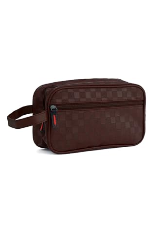 JOPHY & CO. Bolsa de muñeca de cuero para hombre, neceser, bolsa de viaje, bolsa de mano pequeña con correa, Marrón con diseño de cuadros, Clásico