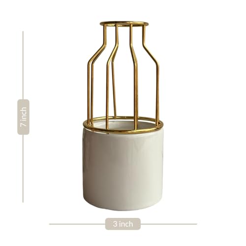 Image of Art Street Ceramic Vase with Gold Metal Finish | White Flower Pot for Home | Living Room, Bedroom and Office Decor | Vase for Gift | Size (7x3 Inch)