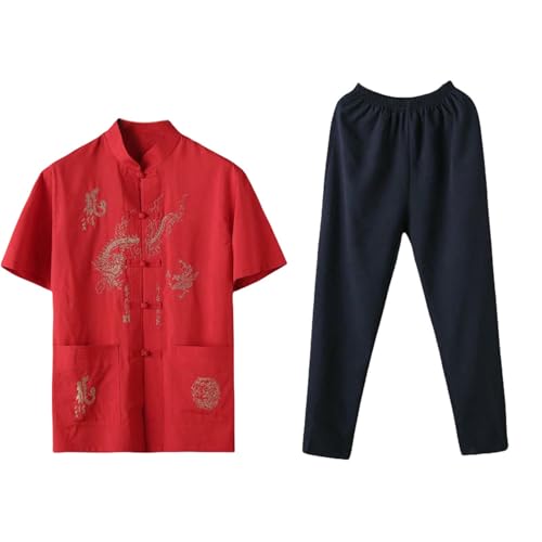Ensemble en soie glacée homme style chinois brodé à manches courtes
