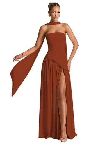 Chiffon Slit Bridesmaid Dresses Scarf Strapless Backless Corset Formal Gowns ZFF046