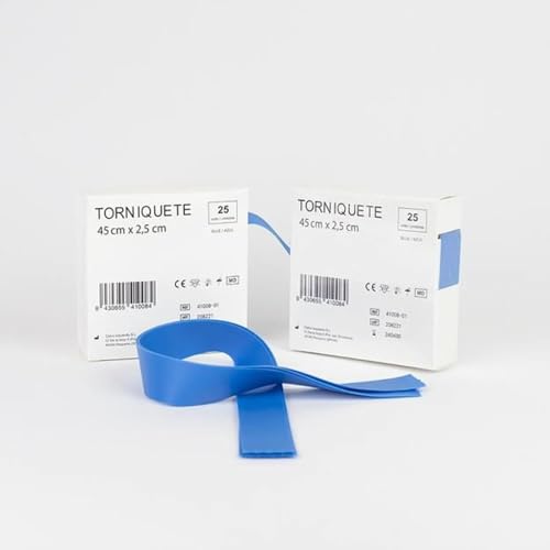 Cinta Torniquete, Desechable Libre de Látex, Color Azul, 25 cordones precortados Medida 45 x 2,5 cm, espesor 0,5 mm; 1 caja de 25 unidades