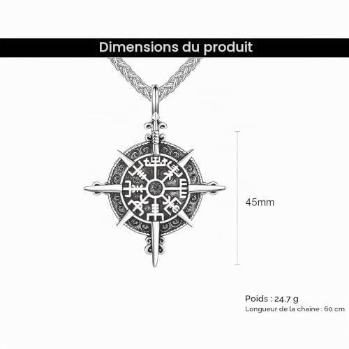 KONFEN Collier Boussole Pendentif Pierre de Vœux Viking Vintage, 2 Styles Argent/Gris – vue 7
