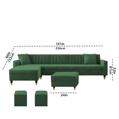 Image of Casaliving Garcia LHS 8 Seater L Shape Sofa Set with Ottoman & 2 Puffy for Living Room (Green) Premium Fabric Sofa Set for Living Room