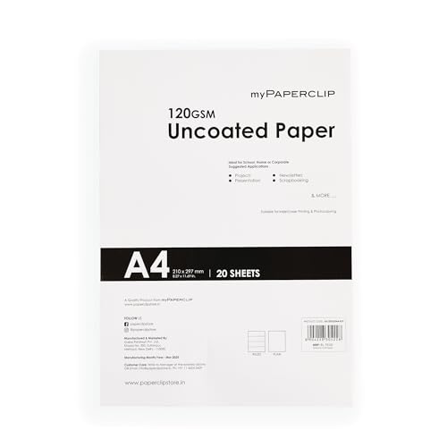 Image of myPAPERCLIP A4 Size Single Side Ruled Sheets | 20 Sheets, 120 GSM, Uncoated Paper | Ideal for Project, Assignment, Practical, Notes