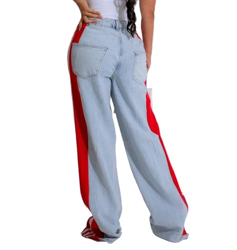 MR. R Stripes High Waisted Jeans for Women Color Block Floor Length Wide Leg Denim Pants Stretch Baggy Jeans Long Pants2