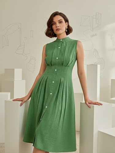 Image of PURVAJA Women's Pleated Knee Length Sleeveless Mandarin Collar Solid Dress