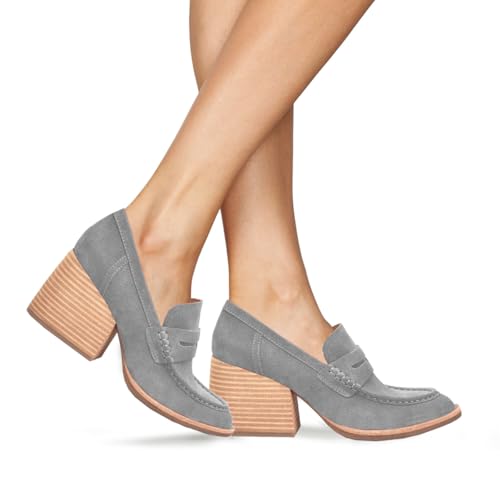 Image of MOOMMO Women Chunky Platform Loafers Pumps Round Closed Toe Slip On Penny Loafers Suede Block High Heels Oxford Shoes Formal Classic Thick Heel Dress Loafer Office Ladies Vintage Comfort 4-11 M US