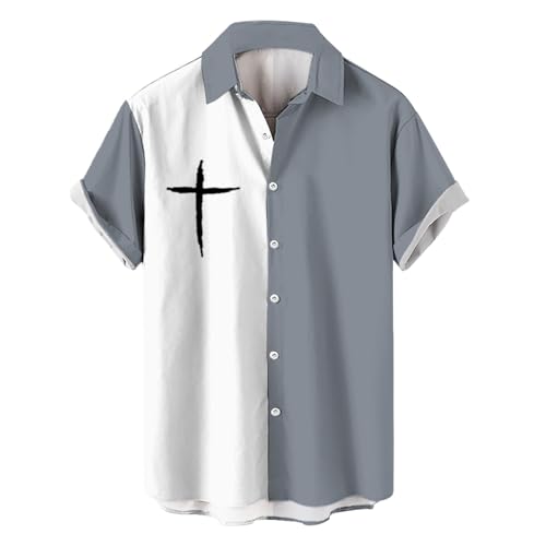 Camisas de boliche para hombre, manga corta, con botones, paneles de contraste, cuello cubano, solapa con estampado cruzado, ligera, fácil de cuidar, abrigo casual transpirable, X, XXX-Large
