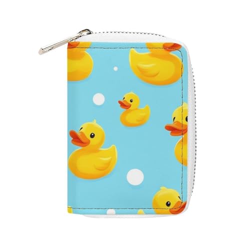 Pu Leather Zipper Slim Wallet Bag for Women, Cute Funny Blue Bubbles Yellow Rubber Ducks Credit Card Holder Organizer with 20 Card Slots Portable Mini Purse