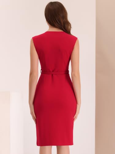 Image of Allegra K Sheath Dress for Women's Wrap V Neck Business Office Belt Sleeveless Pencil Dress