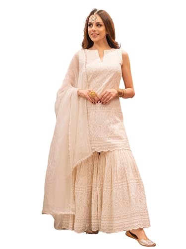 Image of Royal Export Women's Paisley Embroidered Cotton Kurta Set | sharara Set for Women |Anarkali Chikankari Gown with Dupatta | Dresses for Girls