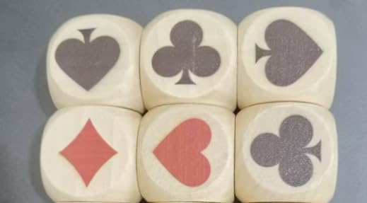 Euchre Cube, Wooden Dice Set for Card Games, 7-Piece Printed Dice with Spades Hearts Clubs Diamonds, Portable Game Accessories for Parties and Gifts, Durable Wood Material with Smooth Finish