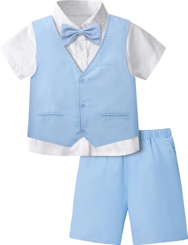 Image of A&J DESIGN Blue Suit for Boys Easter Wedding Gentleman Photoshoot Formal Ring Bearer Outfit Summer Short Set Tuxedo 5-6 Years