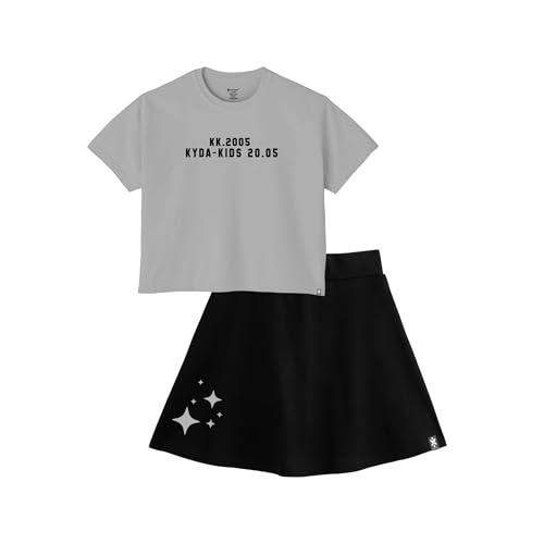 Image of KYDA KIDS 100% Pure Cotton Girls Printed Crop Top and Skirt with Attached Inner shorts Co-ords Set