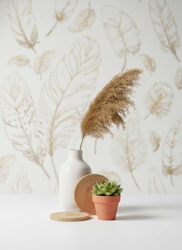 Image of Veki Luxury Floral & Botanical Geometric Wallpaper Mural - Waterproof, Moisture-Proof, Self-Adhesive PVC Wall Sticker for Home & Hotel Decoration (45cm x 300cm) (White Feather)