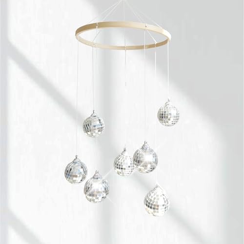 Image of Rodudu Dazzling Disco Ball Mobile, Spiral Spinner Ball, 7.8 Inch Nature Bamboo Circle, Indoor Outdoor Yard Garden Patio Home Decoration for Party Activities Wedding Birthday Music Festival