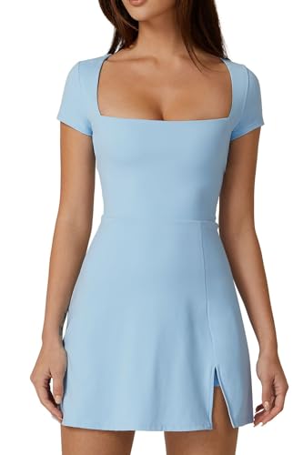 QINSEN Sport Dress for Women Square Neck Side Slit Tennis Quickly Dry Exercise Yoga Dress Airy Blue M