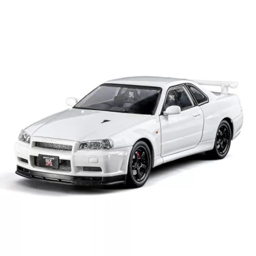 Image of 1:24 Nissan Skyline GT-R R34 Diecast Model Car, Pull Back Toy with Sound & Light, Collectible for Kids & Adults (White)