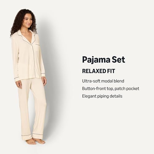 Image of Amazon Essentials x Sofia Grainge Women's Stretch Modal Long-Sleeve Button-Front Top and Full-Length Bottom Pajama Set