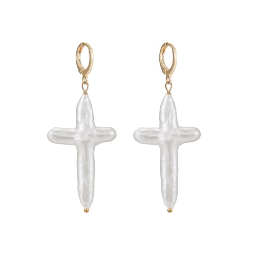 Nature Pearl Cross Earrings Freshwater Cross Pearl earrings Baroque Pearl Dangle Earrings Chunky Cross Earrings Statement Earrings Religious Jewelry
