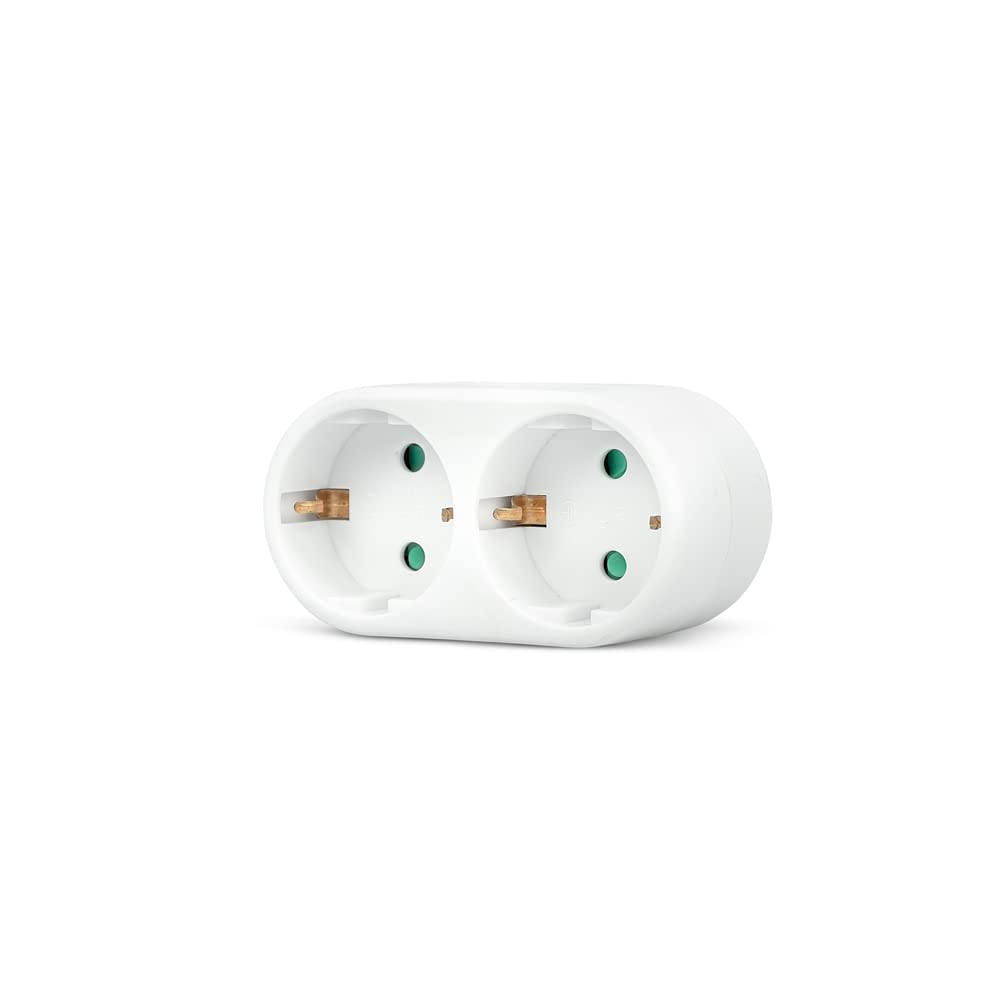 Garza - Adaptador Doble Frontal, (2 Tomas Schuko) | Ladrón Doble de enchufes con Toma de Tierra | Protección Infantil | Blanco