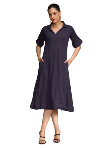 Image of Varanga Women Beige A -line Calf Length Dress Featuring Classic Shirt Collar and Short Sleeves which offering Comfort and Ease