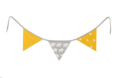 Guirnalda de banderines de ULLENBOOM ® con elefantes amarillo (guirnalda de tela: 1,25 m; 3 banderines; decoración para la habitación de los niños; fiestas de bienvenida para bebés)