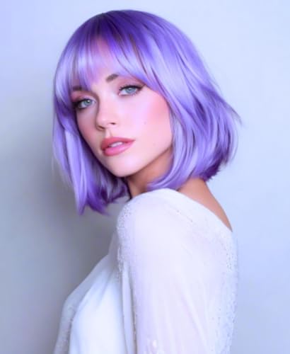 PORSMEER Perruque Bob Carré court Frange Perruques Naturelle Synthétiques résistant à la chaleur pour les femmes cosplay fête coloré Violet clair