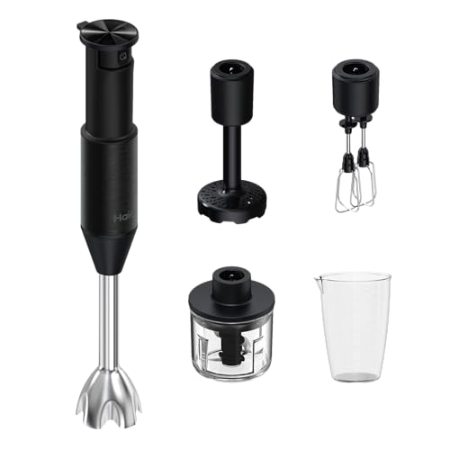 HAIER Batidora de Mano, Eléctrica, 4 en 1 con Vaso Medidor, Batidora de Varillas Doble, Pasapuré y Picadora, Potentes Cuchillas Dobles, Velocidad Variable, Modo Intermitente [I-Master Series 5]