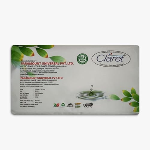 Image of Claret Ultra Soft 2-Ply White Facial Tissues | 100 Pulls | Pack Of 6 | Skin-Friendly & OBA-Free | (18 x 20 cm)