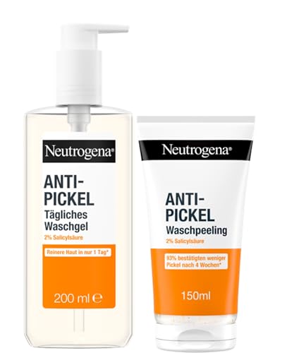 Neutrogena Anti-Pickel Pflege-Set: Waschgel & Waschpeeling mit 2% Salicylsäure, klärende & mattierende Gesichtsreinigung für reinere Haut in nur 1 Tag, sanft & ölfrei, 50% recyceltes Plastik