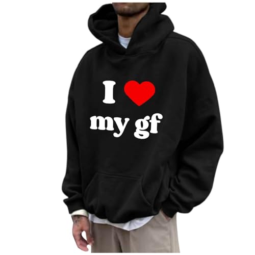 Mens Oversized Hoodies Valentine's Day I Love My Gf Letter Heart Print Outfits Clothes Cute Hooded Sweatshirt with Pocket