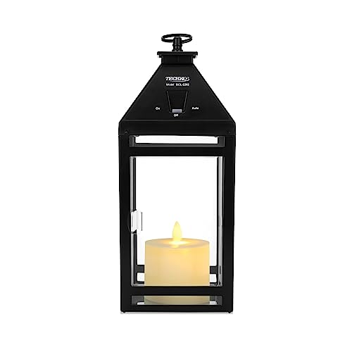 Image of Techko Outdoor Solar Flickering Candle Lantern Vintage Classic Light Design with Handle, Realistic Safe Flameless, Waterproof IP65,Black