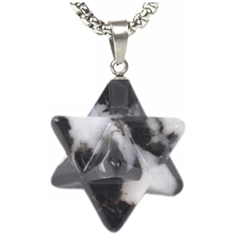 Gemstone Carved 25mm Merkaba Star Crystal Sacred Healing Pendant Necklace 20 Inch, Stone, Quartz Cover
