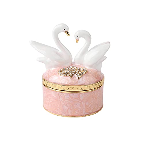 Furuida Swan Trinket Box Hinged Crystal Enameled Ornament Decorative Jewelry Ring Store Box Hand-Painted Craft Gifts for Home Decor (Pink)