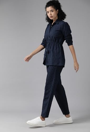 Image of ALL YOURS Women's Navy Blue Schiffli Cotton Co-Ords Set| Ethnic Co Ord Set| Kurta Set for Women| Casual Kurti Set| CoOrd Kurta Set for Women| Women Two-Piece Outfits| Outdoor Wear