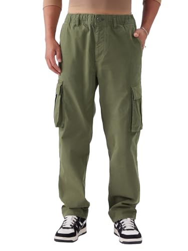 Image of The Souled Store Solids: Moss Green Men and Boys Straight Fit Cotton Blend Cargo Pants