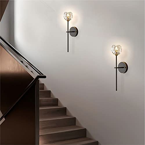 Image of BOKT Mid Century Matte Black Crystal Wall Sconce Lighting Set of 2 Modern Long Metal Wall Light Set of Two 1-Light Clear Glass Wall Lamp Retro Industrial Crystal Bathroom Vanity Light Fixture