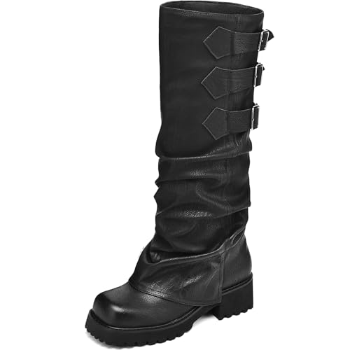 Knee High Boots for Women Fold Over Boots Slouchy Square Toe Biker Boots Platform Riding Boots Gothic Moto Buckle Boots