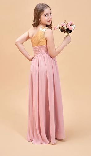 One Shoulder Junior Sequined Bridesmaid Dresses Long Flower Girl Dress for Wedding Party Gowns Chiffon BE0252