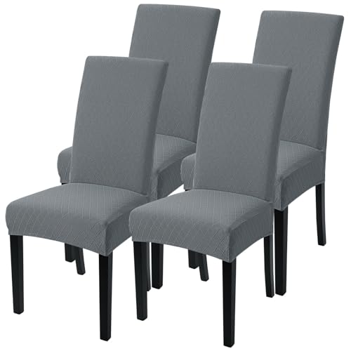 Image of SearchI Dining Room Chair Covers Set of 4, Stretch Jacquard Parsons Chair Slipcovers Removable Washable Kitchen Chair Protector Cover for Dining Room, Hotel, Ceremony (Gray Rhombus)