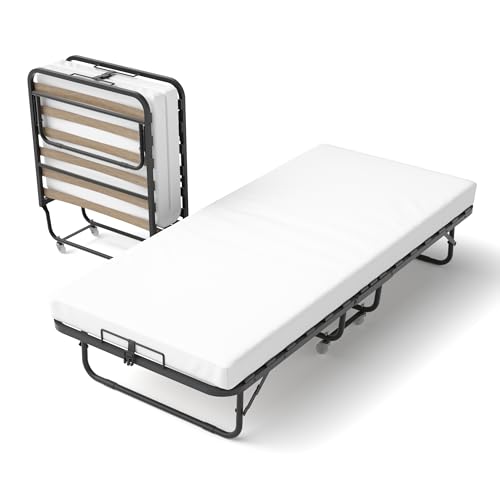 DEWINNER Lit Pliant 1 Personne 90 x 190 cm avec Matelas de 10cm, Lit Pliable Adulte avec Matelas en Mousse de 10 cm,4 roulettes, Lattes de Bois,Facile à...