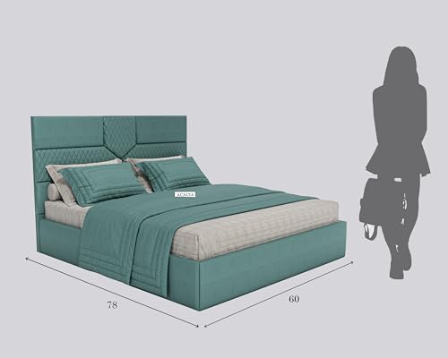 Image of Acacia Modern Upholstered Queen Size Bed with Box Storage for Bedroom | Wooden Double Bed with Storage | Platform Cot Bed with Upholstery Premium Fabric | 6.5 x 5 Ft | Sheesham Wood (Viridian Green)